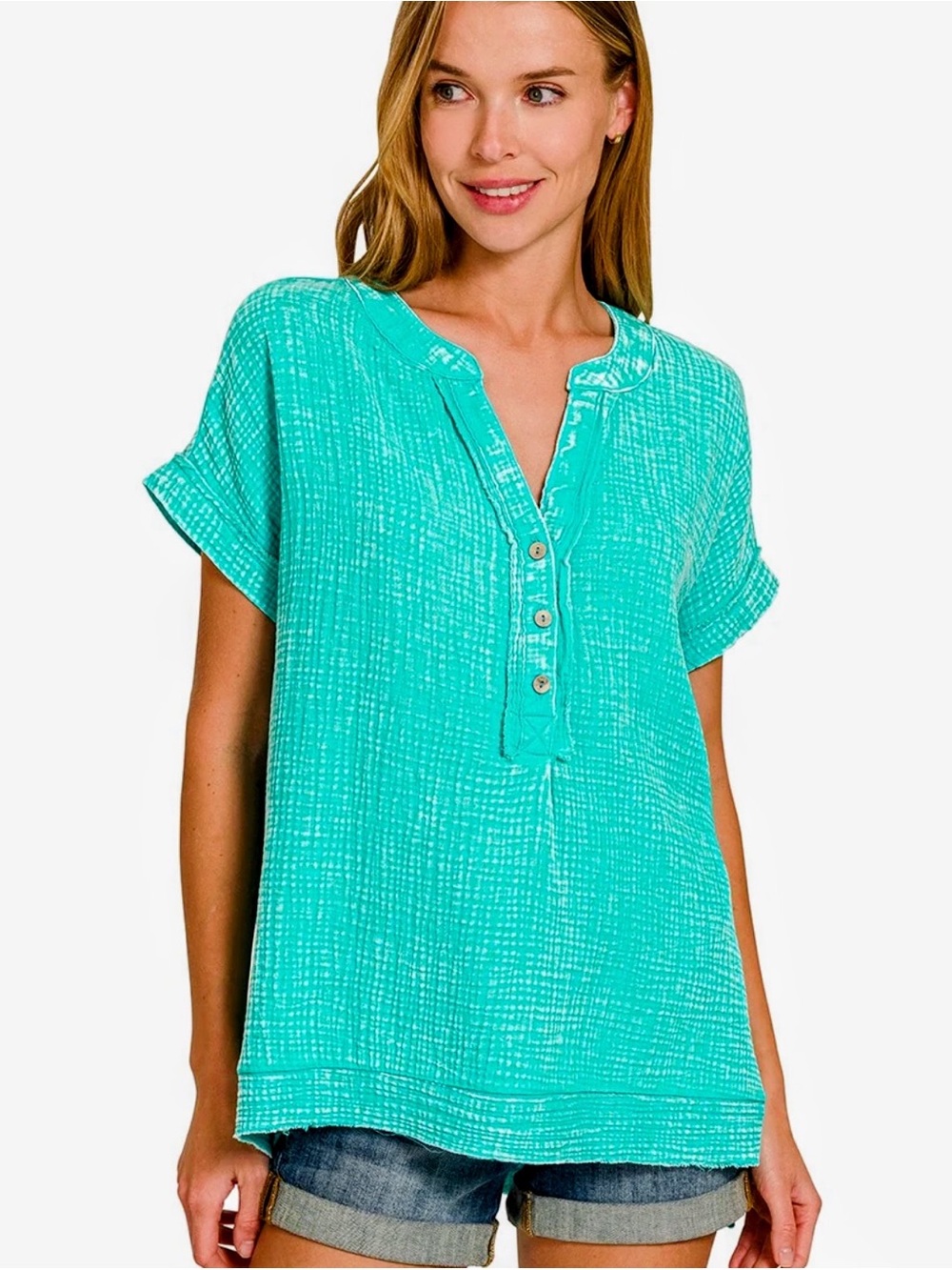 Zenana Outfitters Turquoise Gauze Short-Sleeve Button Henley